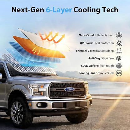 Upgraded Windshield Sun Shade for Ford F150 and Explorer (2000-2026) [Nano Ice-Crystal Cooling, 99.9% Sun Protection] Foldable Sunshade with Storage Bag, Car Accessories, L(64 x 34 in)