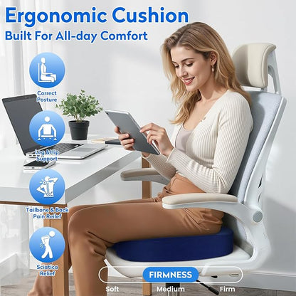 CushZone Office Chair Cushions, Memory Foam Coccyx Cushion for Tailbone Pain Office Chair Car Seat, Sciatica, Coccyx, Lower Back Pain Relief (Blue)