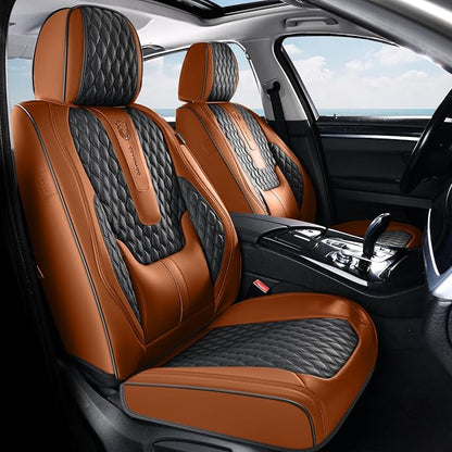 Coverado Front Seat Covers, Car Seat Covers Front Seats, Nappa Leather Seat Covers for Cars, Waterproof Seat Covers with Lumbar Support Universal Fit for Most Cars SUV Trucks (Front, Brown-Black)