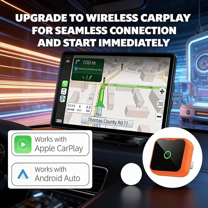 2-in-1 Wireless CarPlay Android Auto Adapter, Plug & Play Wired to Wireless Converter for iPhone Android, Fast Auto Connect,Stable,OTA Update, Ultra Compact (Orange)