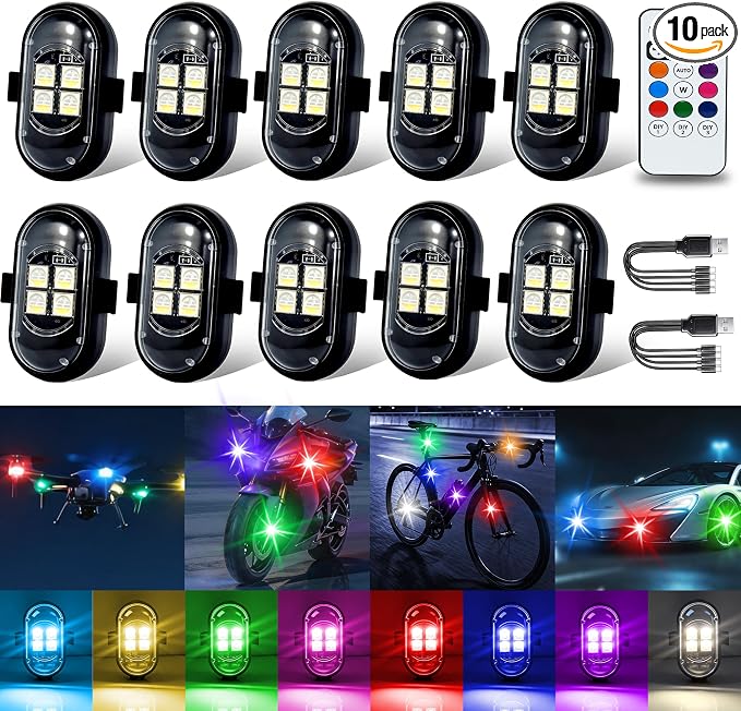 Wireless LED Lights for Car 10 Pack Remote Strobe Warning Waterproof | USB C charging, adjustable 8 colors & 10 strobe flash modes, anti-collision, fits car, truck, motorcycle, bike, drone