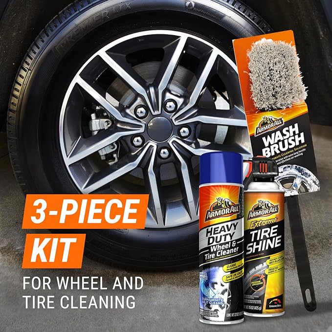 Armor All Wheel and Tire Cleaner and Tire Shine Kit, Heavy Duty Car Wheel Cleaner, Extreme Tire Shine Spray and Wash Brush - 3 Count