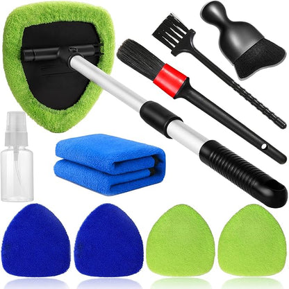 Qydipclin 10pcs Windshield Cleaning Tool Inside Car Window Cleaner Wash Kit with 4 Reusable Microfiber Pads 1 Spray Bottle and Extendable Handle Interior Auto Glass Wiper Kit, Blue&Green