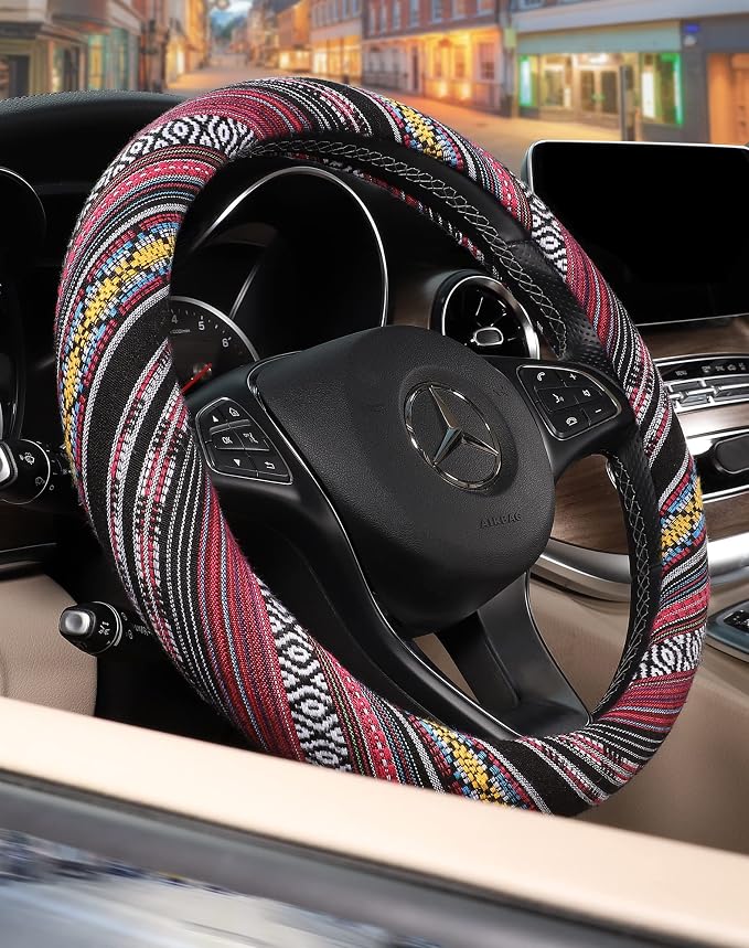 SEG Direct Boho Steering Wheel Cover with Baja Blanket Cloth, Ethnic Style Auto Wheel Cover Made of Coarse Flax, Fits 14 1/2-15 1/4 inches Car Wheel