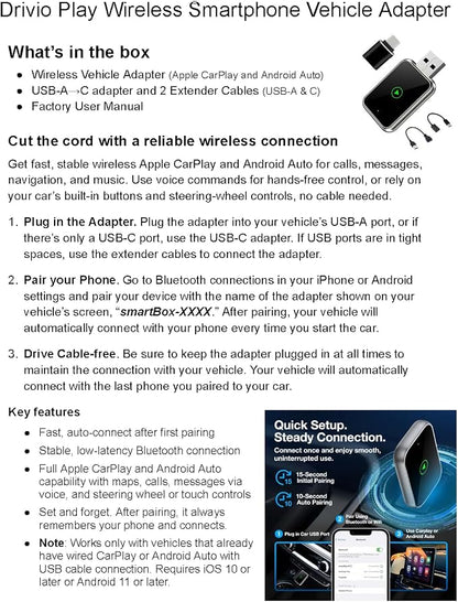 Drivio Wireless CarPlay Adapter for iPhone & Android | USB CarPlay Wireless Adapter with Screen Mirroring | 2026 Bluetooth Car Play Dongle Apple Play for Car Accessories Android Auto USB C & A