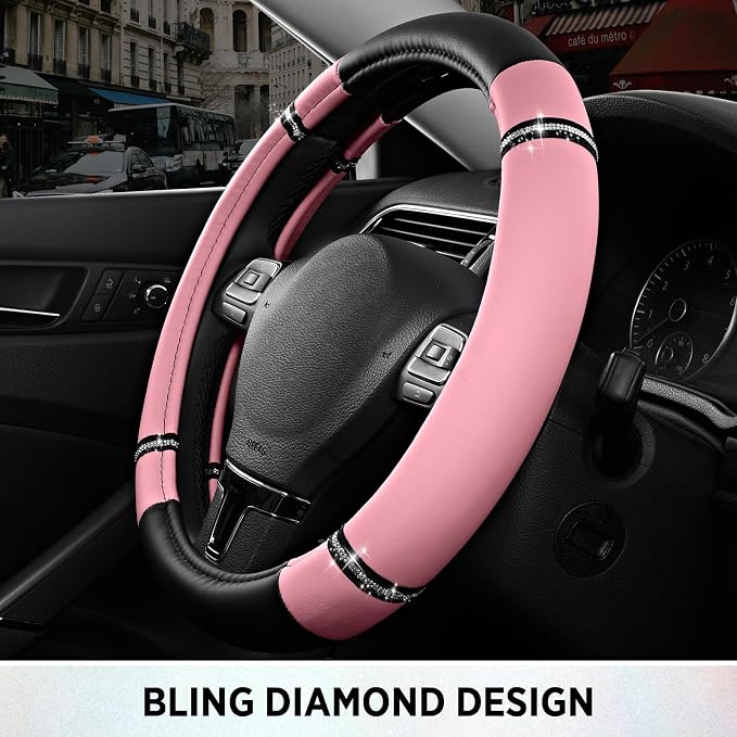Road Comfort Leather Steering Wheel Cover – Premium Anti-Slip Car Steering Wheel Grip Cover – Universal Fit for 14.5”–15” Cars, Trucks & SUVs - Pink