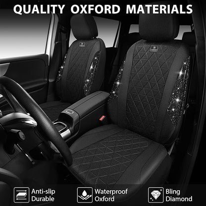 CAR PASS Oxford Bling Diamond Car Seat Covers Full Set Interior Sets, Waterproof Shining Glitter Sparkly Crystal Universal Armrest Fit 95% Automotive Truck SUV Cute Women Girl, All Black Rhinestone