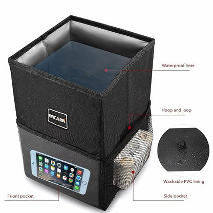 Beicarin Car Trash Can with Lid - Car Trash Bag Hanging with Storage Pockets Collapsible and Portable Car Garbage Bin, Leak-Proof Car Organizer, 1.82 Gallons Multipurpose Trash Bin for Car