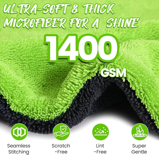 PUGPIU Car Drying Towel - 1400GSM Extra Large Super Absorbent Microfiber Towels for Cars 24"x36" - Large Edgeless with Twisted Loop, Lint-Free & Streak-Free for Auto Detailing, SUV, Truck (Green)