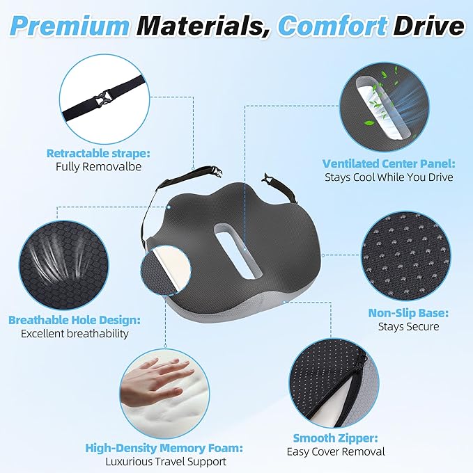 VUSIGN X-Large Seat Cushion for Truck & Car Drivers, Memory Foam Seat Cushion for Long Driving, Sciatica & Tailbone Pain Relief, Ergonomic Back Support Cushion with Non-Slip Bottom & Washable Cover