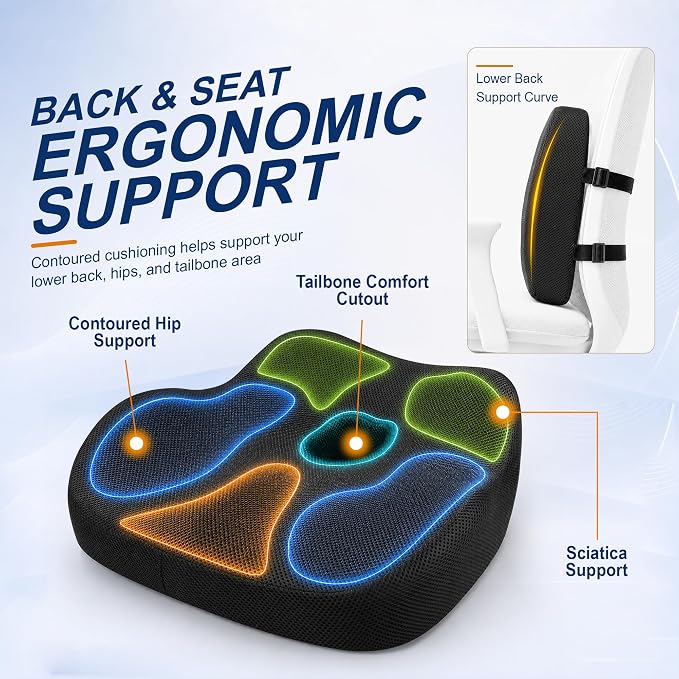Allaboutsla Seat Cushion & Lumbar Support Pillow Set: Ergonomic Memory Foam Seat Cushion and Back Support for Pain Relief, Butt Cushions and Lumbar Pillow for Car, Office Chair, Gaming - Black