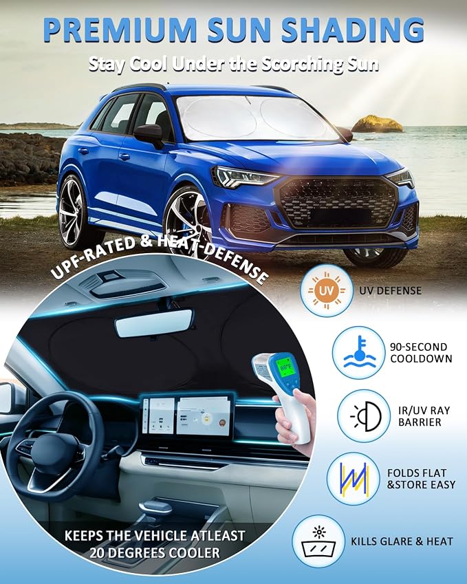 Sun Shade for Q3 Windshield Sunshade Custom fit for Audi Q3 2013-2018 Accessories Foldable Front Window Cover Retractable Sun Visor Protector Keep Interior Cool UV Blocker