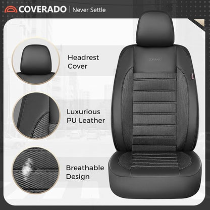 Coverado Car Seat Covers Full Set, Luxury Leather Car Seat Covers, Automotive Front and Rear Mesh Seat Covers, Full Set 5 Seats, Black Seat Covers for SUV Sedan Truck
