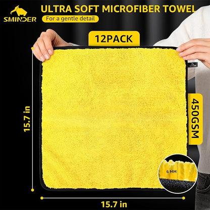 SMINDER 12-Pack Microfiber Cleaning Cloth, Car Drying Towels Car Detailing– XL Microfiber Towels for Cars, Trucks (15.7" x 15.7"), Ultra-Absorbent, Streak-Free, Scratch-Free, No Water Spots