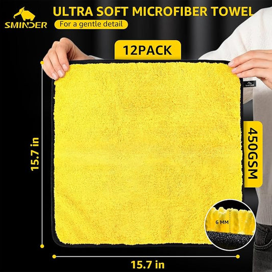 SMINDER 12-Pack Microfiber Cleaning Cloth, Car Drying Towels Car Detailing– XL Microfiber Towels for Cars, Trucks (15.7" x 15.7"), Ultra-Absorbent, Streak-Free, Scratch-Free, No Water Spots