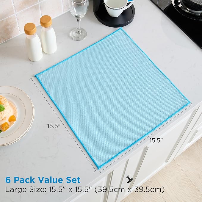 Microfiber Glass Cleaning Cloth, White Purple Blue, 6 Pack | 15.5x15.5 Inches Lint Free Streak Free Stainless Steel Cloth For Window Screen Car