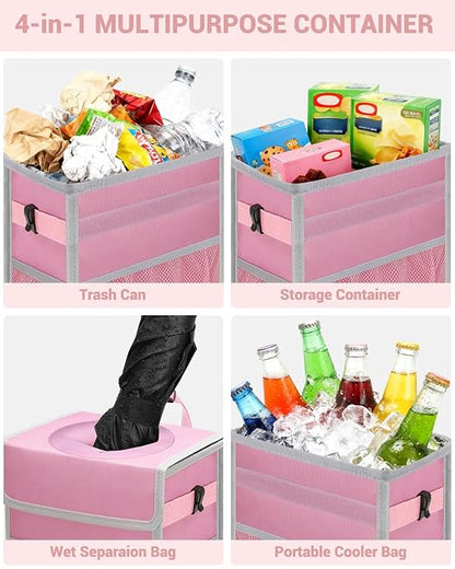 Capolo Car Trash Can with Lid, Leakproof Car Trash Bag Hanging Waterproof Automotive Garbage Can with Storage Pockets Mini Vehicle Trash Bin for Back/Front Seat(Pink,2.5 Gallon)