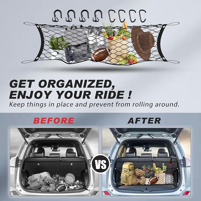 Cargo Net for Chevy Tahoe/GMC Yukon/Suburban 2015-2020, Karltys Trunk Net for Chevrolet Tahoe Accessories Envelope Style Netting with Metal Hooks, Highly Elastic Trunk Cargo Organizer for Yukon