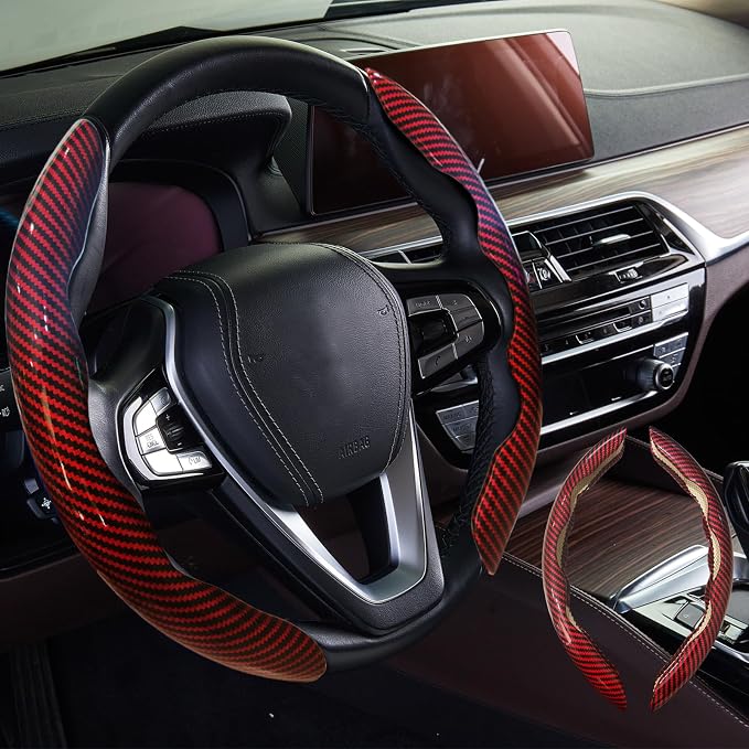 WOCOCN 2pcs Car Steering Wheel Cover,Anti-Skid Carbon Fiber Steering Wheel Protector for Men Women,Multiple Color Options,Universal for Most Car Interiors Accessories (Bright Red)