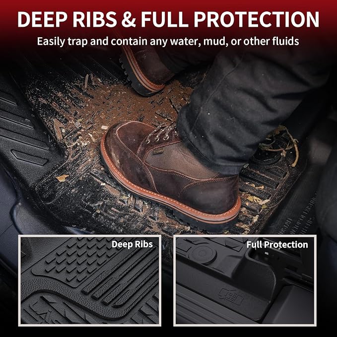 LASFIT Floor Mats 2025 2026 for Ram 1500 Crew Cab Without Rear Under-Seat Factory Storage Bucket Seat (Not for Quad Cab), All Weather TPE Custom Fit Car Mats Floor Liners 1st & 2nd Row, Black