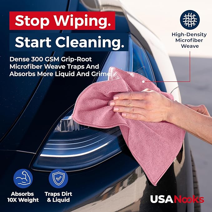 USANOOKS Microfiber Cleaning Cloth Light Pink - 8 Pcs 12.5"x12.5" - High Performance - 1200 Washes, Ultra Absorbent Towels Weave Grime & Liquid for Streak-Free Mirror Shine - Car Washing Cloth