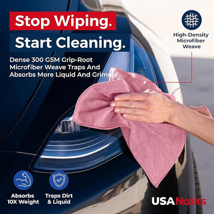 USANOOKS Microfiber Cleaning Cloth Light Pink - 12 Pcs 12.5"x12.5" - High Performance - 1200 Washes, Ultra Absorbent Towels Weave Grime & Liquid for Streak-Free Mirror Shine - Car Washing Cloth