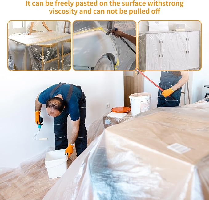 Pre-Taped Masking Film 2 Pack Each 10 x 65 feet Rolls, Tape and Drape, Painters Plastic Sheeting Drop Cloth for Automotive Painting Covering, House Decoration Furniture Floor Dustproof Cover
