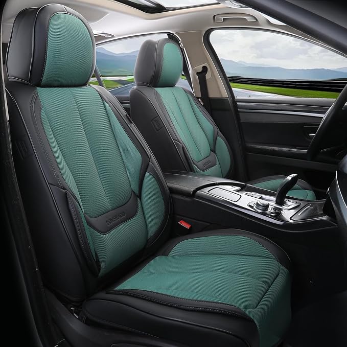 Coverado Seat Covers Full Set, Car Seat Covers Front Seat and Back Seat, Breathable Fabric&Leather Car Seat Protectors, Universal Seat Covers for Cars, Compatible with Most Cars (Green, FullSet)