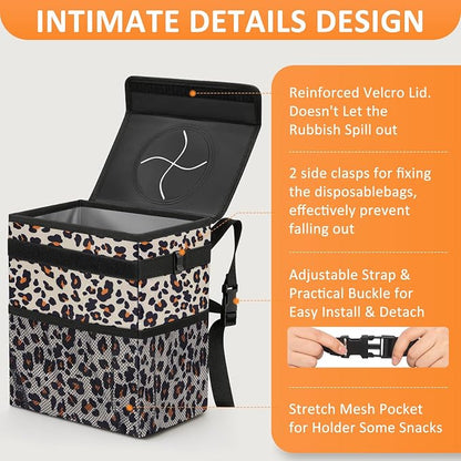 Vankor Cute Car Trash Can, Car Accessories for Women Interior Can Trash Bag Hanging Automotive Garbage Cans Leopard Pattern