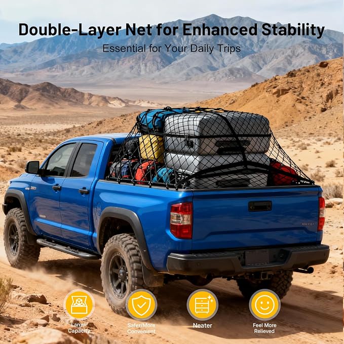 Cargo Net for Pickup Truck Bed-4'x4' Stretch to 7'x7' Highly Elastic Cargo Net,Simple Truck Bed Cargo Mesh Organizer with 6 Adjustable Buckle Straps for Trailer, Ford, Chevrolet(Double Layer)