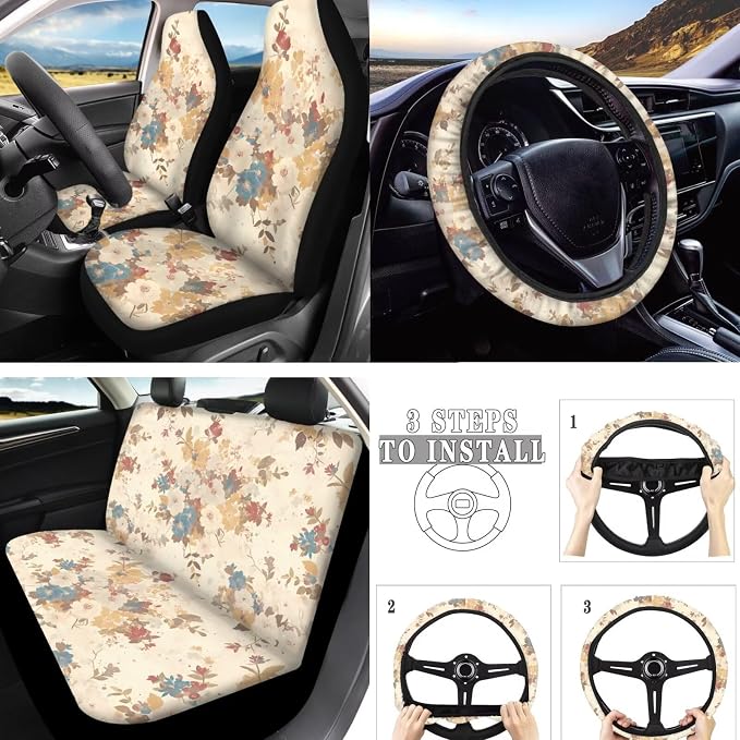 Flower Car Seat Cover 10 Set, French Countryside Floral Soft Automotive Rear Front Seat Protector Car Interior Cover, Wildflower Field Elastic Safety Belt Coaster Keychain