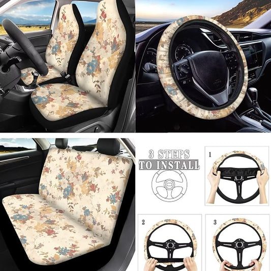 Flower Car Seat Cover 10 Set, French Countryside Floral Soft Automotive Rear Front Seat Protector Car Interior Cover, Wildflower Field Elastic Safety Belt Coaster Keychain