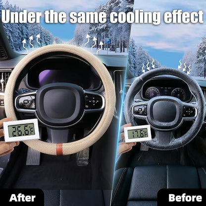 Universal Car Steering Wheel Cover for Summer, Non-Slip Breathable Cooling Steering Wheel Cover Protector with Brown Mark Upgraded Silicone Inner Ring for Summer D Shape & Round Shape, Khaki