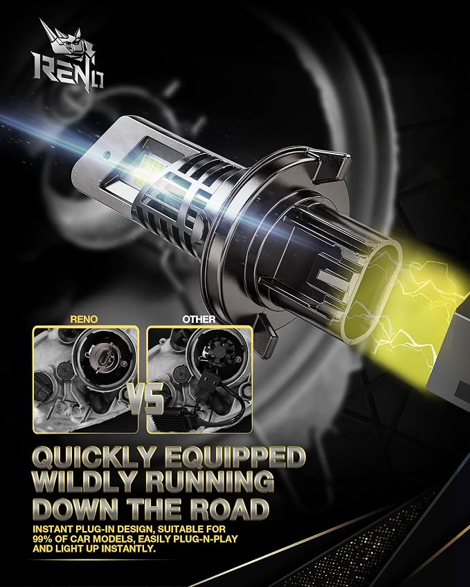 RENO H13 Bulb, 9008/H13 Fog Bulbs 1:1 Mini Size 6000K with Cool Fan Quick Install H13 32000LM Off-Road Use or Fog Plug N Play, Pack of 2