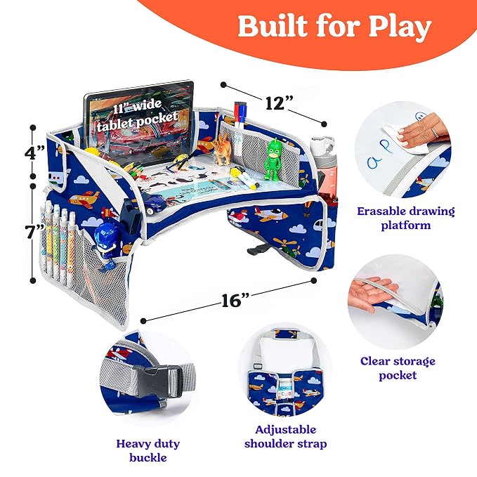 PILLANI Kids Travel Tray for Car - Toddler Airplane Travel Essentials w/ Activity Sheets, Pens & Dry Erase Board - Kids Travel - Must Have Toddler Lap Desk Organizer for Airplane - Travel Accessories