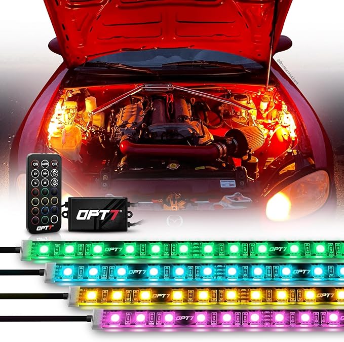 OPT7 Aura Engine Bay RGB LED Light Kit with Remote Control, 4 pc 12" Waterproof Under Hood Light Strips, Multicolor Mode, Exterior Neon Accent Lighting for Cars Trucks SUVs Vans, Universal Car Décor