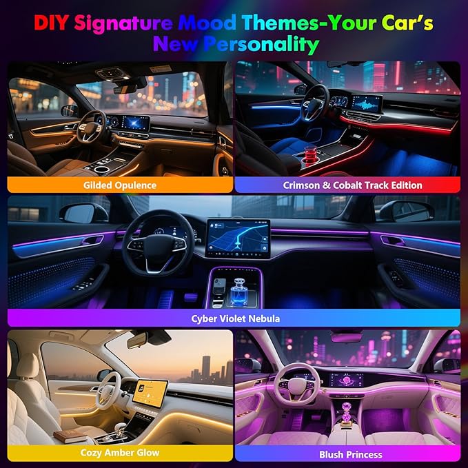 Dreamcolor Acrylic Car Interior Lights 22 in 1 RGB LED Strip Lights APP Control Zoned Control System 252 Color Modes DIY Fiber Optic Ambient Lighting Kits Music Car Neon Light Kits New Version