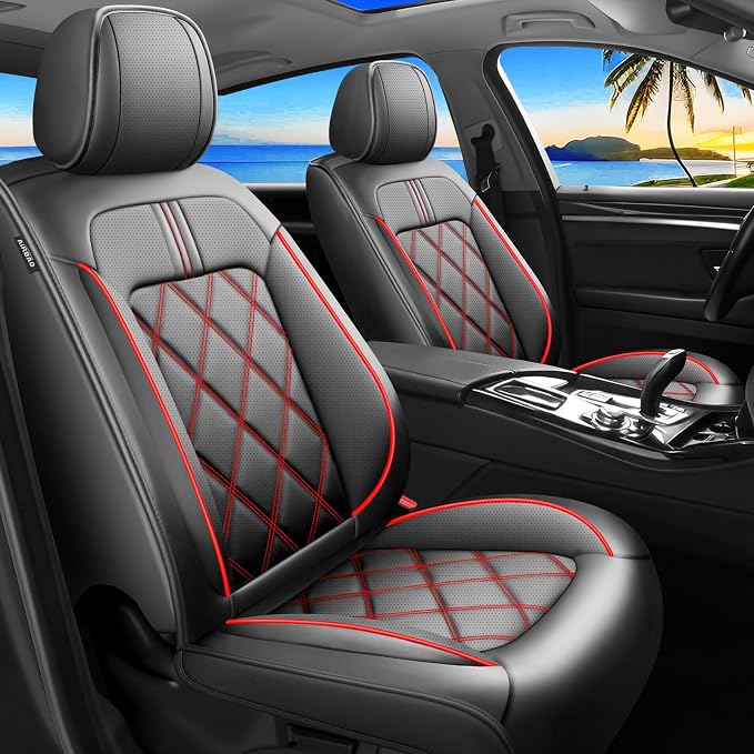 Ranger Car Seat Covers Custom Fit for Ford Ranger 2019-2026, Full Coverage Leather Waterproof Breathable Seat Covers, Automotive Seat Protectors, Airbag Compatible(2 Front Seats, Black & Red)