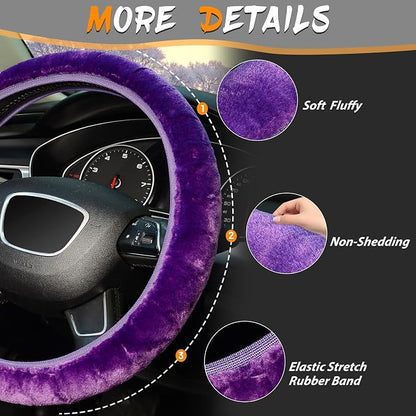 KAFEEK Purple Elastic Fuzzy Steering Wheel Cover, Microfiber Plush Steering Wheel Cover for Woman Girl,Winter Warm, Universal 15 inch