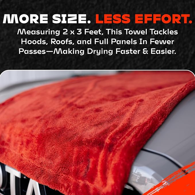 BLAZON Redline XL Car Drying Towel - Ultra Premium 1300 GSM Microfiber Drying Towel - Max Absorption, Streak-Free Finish, Super Soft Twisted Loop Design - Dries Full Vehicle - Extra Large 2 x 3 ft