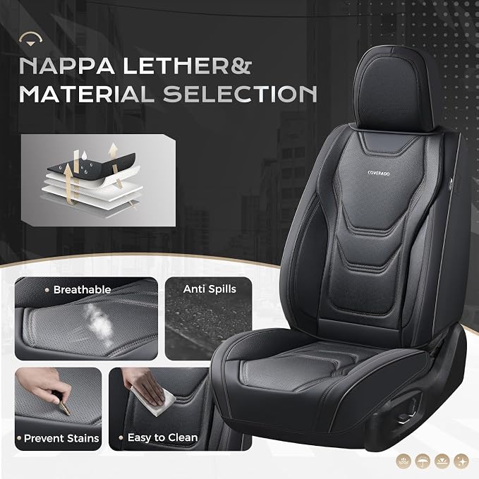 Coverado Car Seat Covers Front Seats, 2 Piece Car Seat Protector Waterproof Leather Seat Cushion Universal Fit for Truck Automotive Vehicles Black