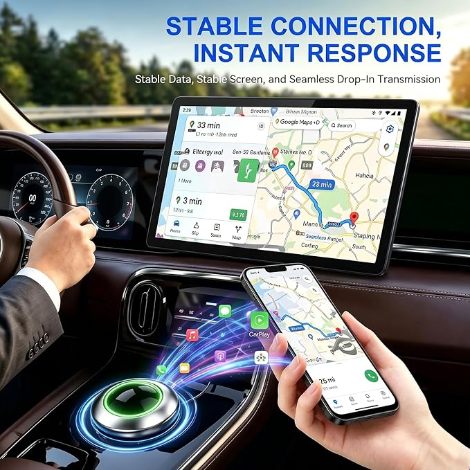 UFO-Shaped Wireless CarPlay Adapter, Plug-and-Play converts Original Wired CarPlay to Wireless. Compatible with iPhone and Android Phones, Equipped with Cool Light Strip, Stable and Durable.