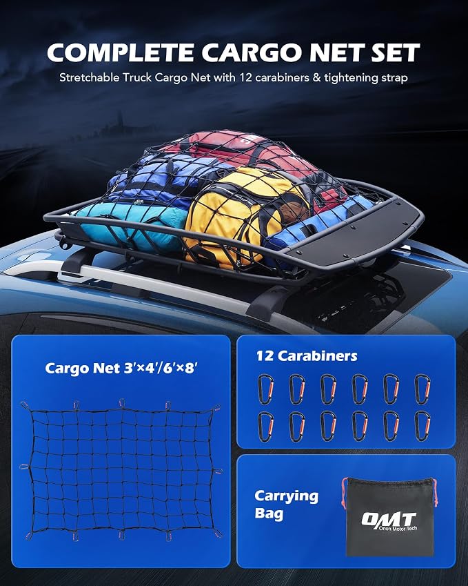 Orion Motor Tech Heavy Duty Cargo Net, 3' x 4' Bungee Cord Net Stretches to 6' x 8' for Pickups SUVs Vans Semis, Truck Bed Roof Rack Trailer Netting with Handmade Knotting 12 Carabiners Storage Bag