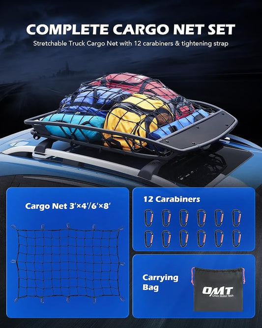 Orion Motor Tech Heavy Duty Cargo Net, 3' x 4' Bungee Cord Net Stretches to 6' x 8' for Pickups SUVs Vans Semis, Truck Bed Roof Rack Trailer Netting with Handmade Knotting 12 Carabiners Storage Bag