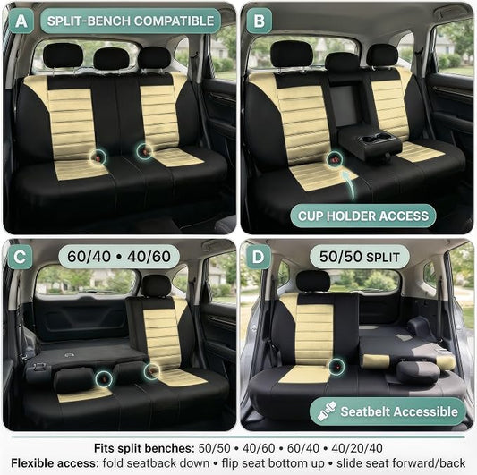 FH Group Automotive Car Seat Covers Rear Set Premium 3D Air Mesh Seat Covers, Airbag Compatible and Split Bench Cover Universal Fit Interior Accessories for Cars Trucks and SUVs - Beige