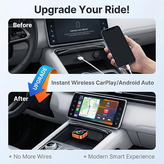2026 Wireless CarPlay Adapter, Upgraded Wired to Wireless, Supports CarPlay & Android Auto, Plug and Play, Fast Auto Reconnect, Stable Contrl, Zero Lag, Heat Dissipation, Noiseless Car Use