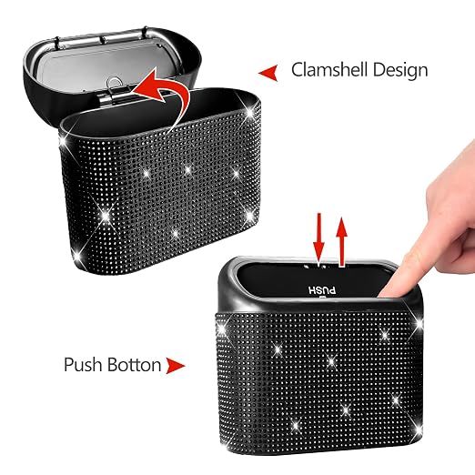 NBTEPEM Bling Car Trash Can with Lid, Mini Auto Garbage Can with 30 Trash Bags, Leakproof Automotive Garbage Container Bin, Bling Car Accessories Trash Can for Women (Black Diamond)
