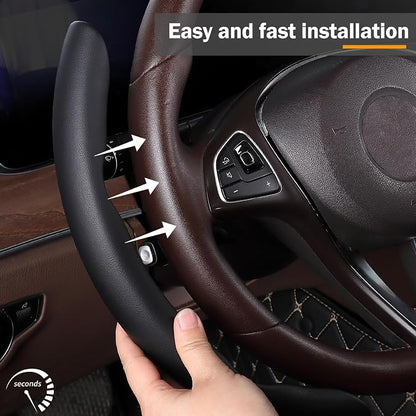 Car Steering Wheel Cover Leather Snap On 3Pcs Set Non-Slip Protector Wrap Steering Wheel Accessories 14.5-15 inch Universal Black