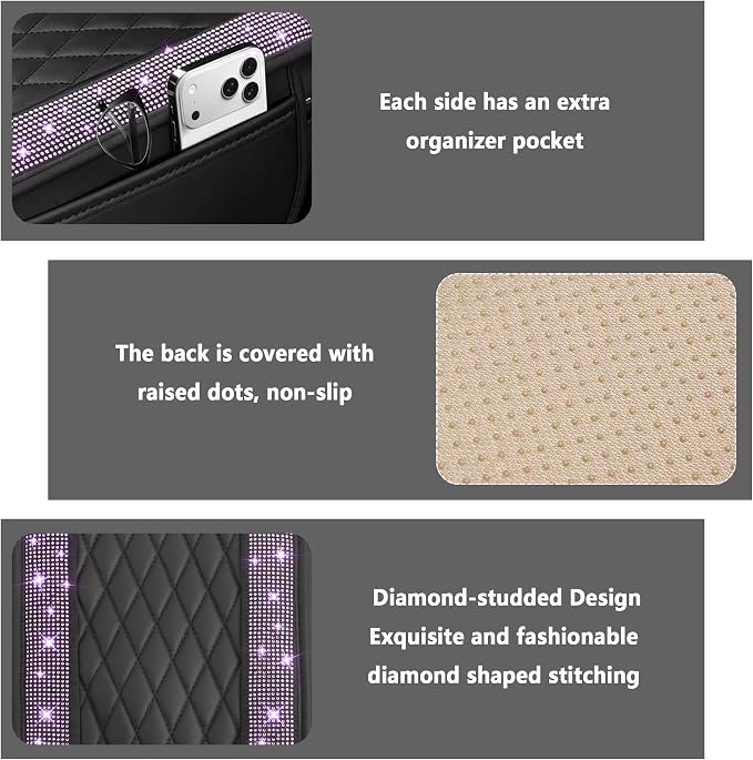 Stacool Upgraded Car Center Console Cover with Rhinestones,Microfiber Leather Car Armrest Cover Cushion with 2 Storage Bags,Universal Cars Armrest Storage Box as Cars Interior Accessories