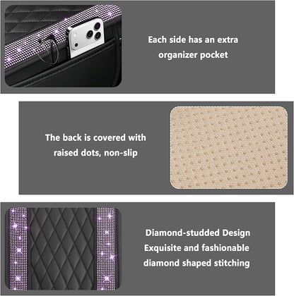 Stacool Upgraded Car Center Console Cover with Rhinestones,Microfiber Leather Car Armrest Cover Cushion with 2 Storage Bags,Universal Cars Armrest Storage Box as Cars Interior Accessories
